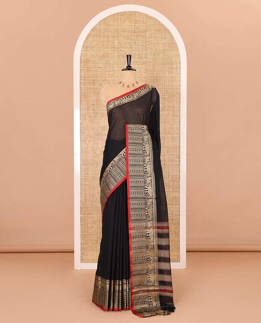 Black plain mercerised cotton saree, contrast traditional motifs thread woven border, striped pallu, and a matching blouse