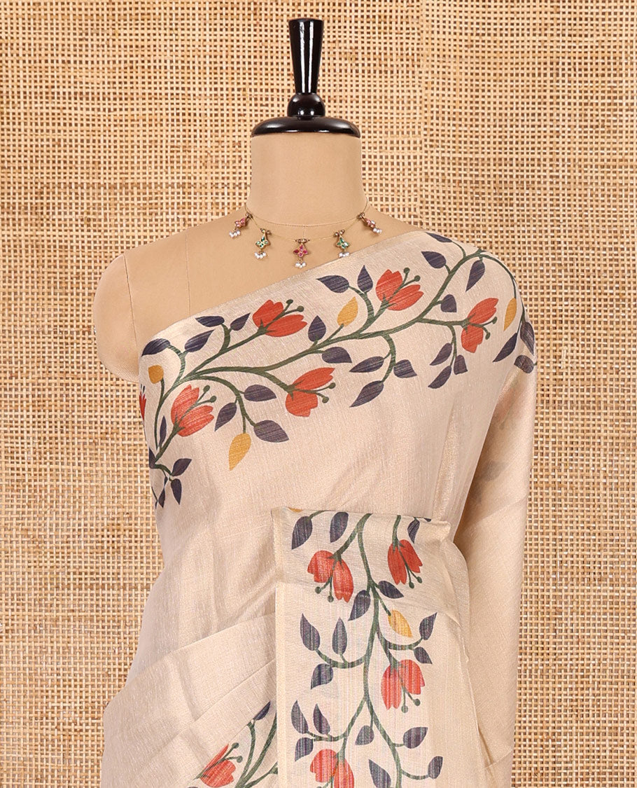 Cream plain tissue saree, printed border and pallu of jamdani floral vine print, and a matching floral buttas printed blouse