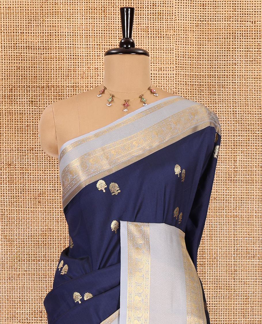 Navy blue buttas soft silk saree , contrast peacock and mango zari weaving border , contrast weaving rich pallu and contrast Blouse