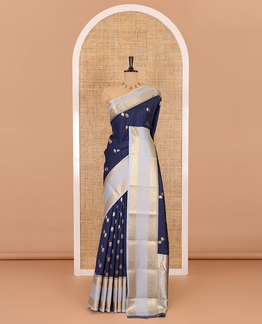 Navy blue buttas soft silk saree , contrast peacock and mango zari weaving border , contrast weaving rich pallu and contrast Blouse