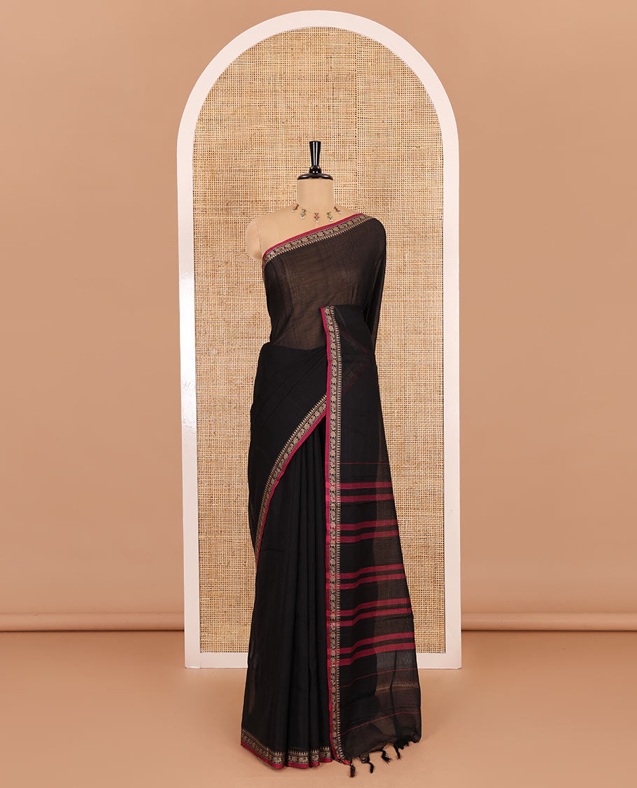 Black plain mercerised cotton saree, contrast temple traditional border, striped pallu, and a matching blouse