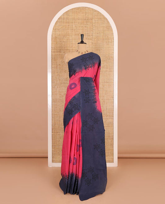 Pink sunbrust motifs block printed mul cotton saree, contrast floral motifs block printed border, block printed pallu, and contrast plain blouse