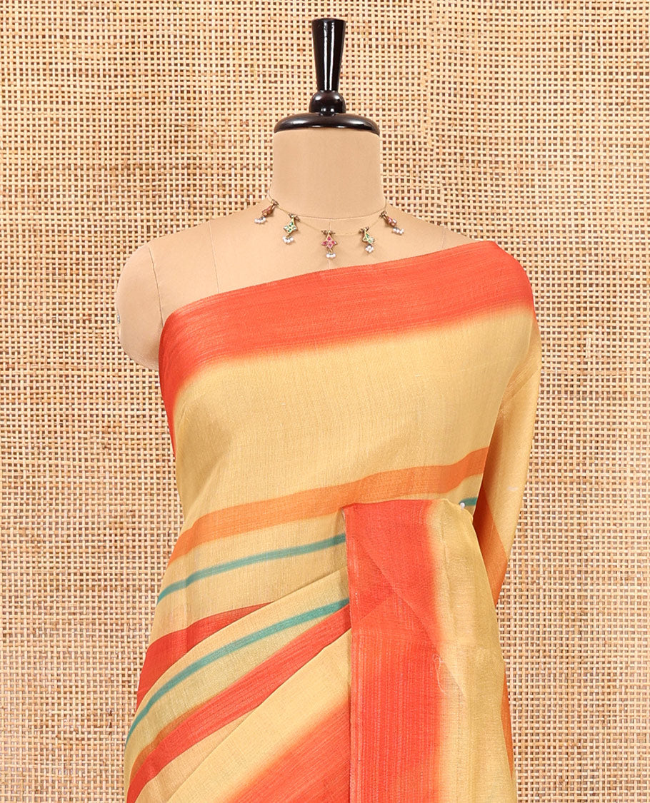 Yellow horizontal striped linen cotton saree, contrast printed  border, checks and stripes printed pallu, and a horizontal striped pallu