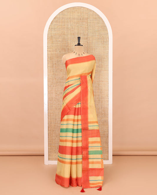 Yellow horizontal striped linen cotton saree, contrast printed  border, checks and stripes printed pallu, and a horizontal striped pallu