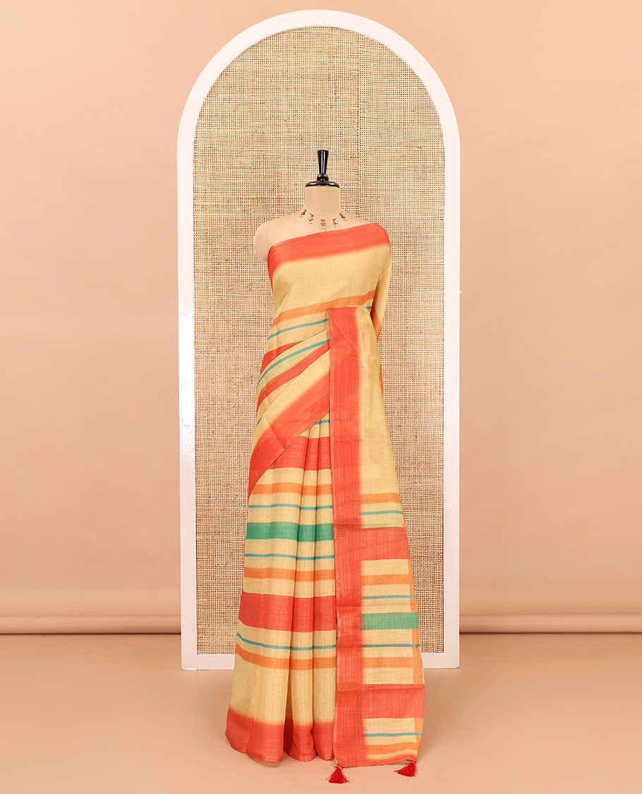 Yellow horizontal striped linen cotton saree, contrast printed  border, checks and stripes printed pallu, and a horizontal striped pallu