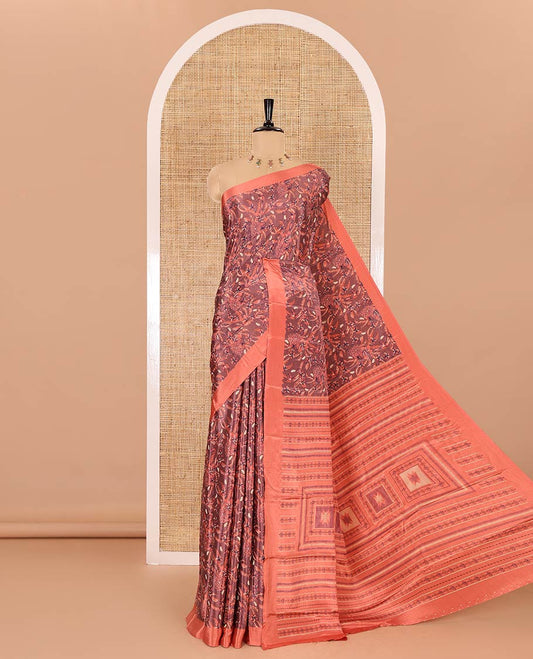 Brown floral style printed Turkey crepe saree, contrast plain border, geometric printed pallu, and a contrast polka dotted blouse