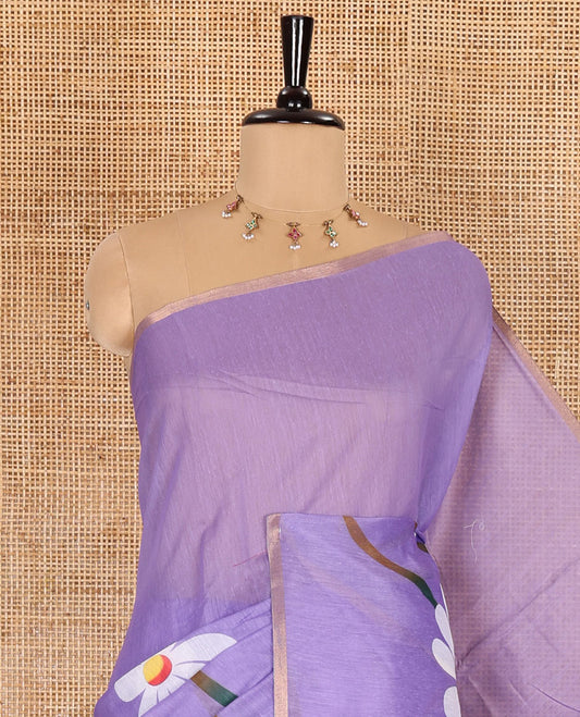 Borderless lavender floral design chanderi cotton saree , floral vine printed pallu and small floral printed blouse