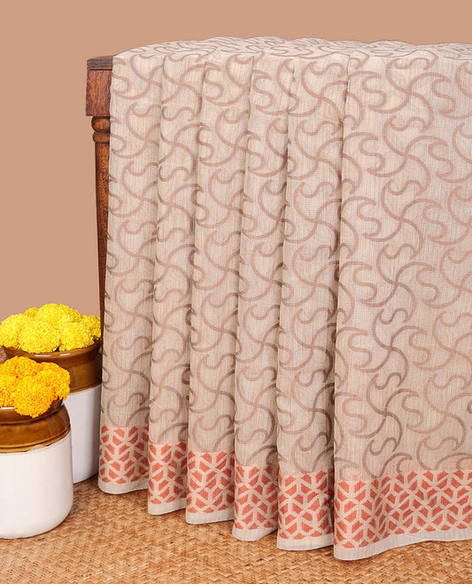 Cream with orange thread weaving design banaras kota checks saree, geometric thread border & plain pallu along with plain blouse