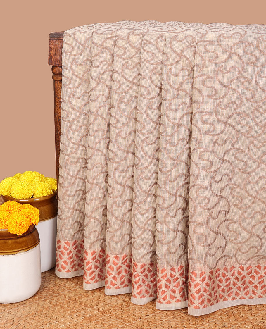 Cream with orange thread weaving design banaras kota checks saree, geometric thread border & plain pallu along with plain blouse