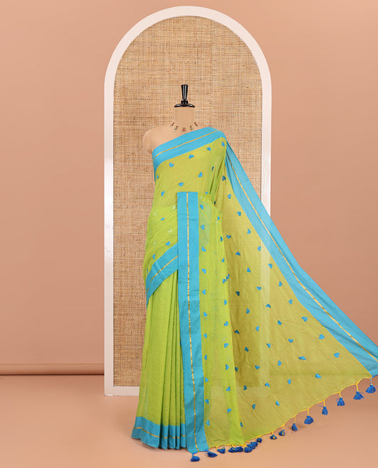 Parrot green heart motif thread-embroidered khadi mul cotton saree, contrast zari striped border, self-pallu with tassels, and a plain blouse
