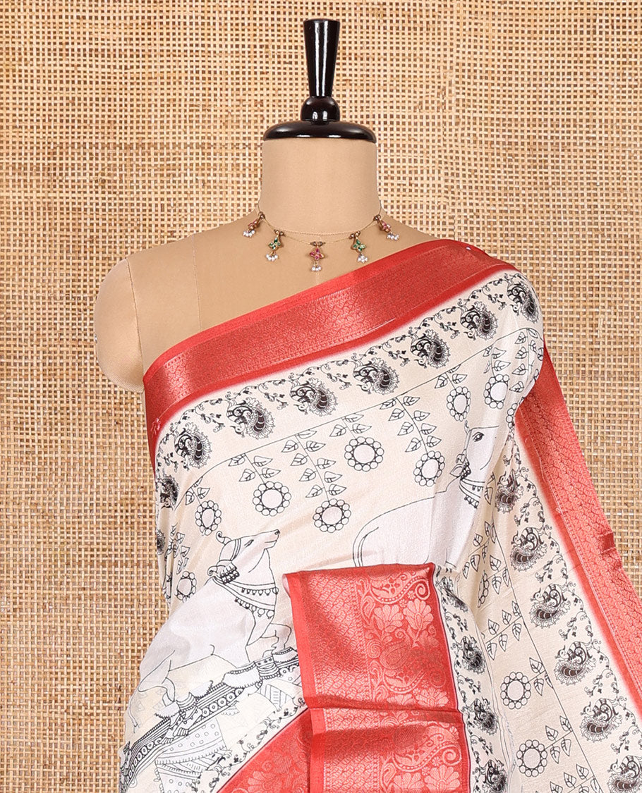 Half white kalamkari-style ancient human motifs printed dola saree with a contrast traditional zari design border, kalamkari printed pallu, and a matching blouse