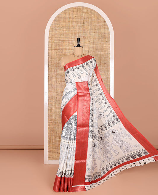 Half white kalamkari-style ancient human motifs printed dola saree with a contrast traditional zari design border, kalamkari printed pallu, and a matching blouse