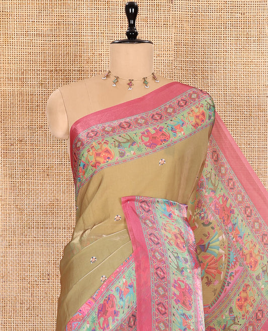 Mehendi Green Fendy Chiffon Saree Accentuated with Mughal-Style Motifs Print, Complemented by a Contrast Border of Fauna and Geometric Motifs, Kaleidoscopic-Color Mughal-Theme Printed Pallu, and Paired with Contrast Blouse