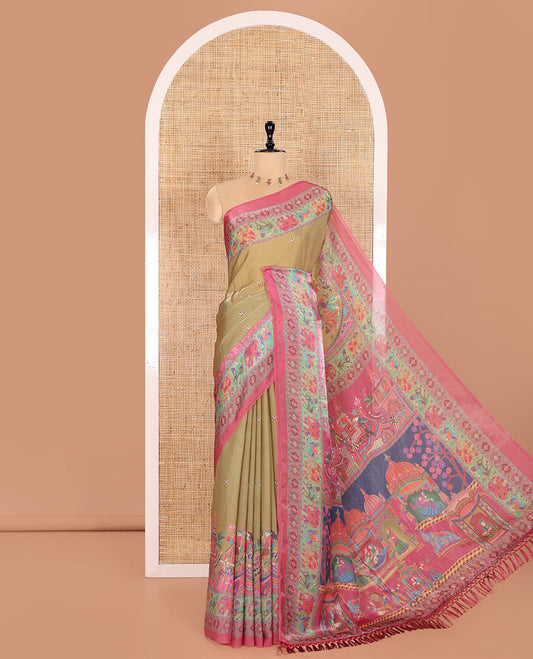 Mehendi Green Fendy Chiffon Saree Accentuated with Mughal-Style Motifs Print, Complemented by a Contrast Border of Fauna and Geometric Motifs, Kaleidoscopic-Color Mughal-Theme Printed Pallu, and Paired with Contrast Blouse
