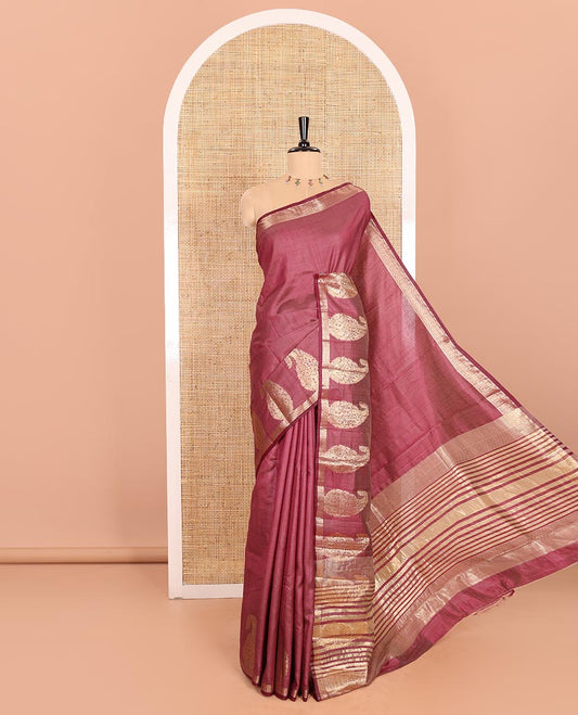 Wine Plain Semi-Tussar Saree Artfully Detailed with a Self Border Featuring Floral and Paisley Zari Weave, Adorned with a Zari-Striped Pallu, Paired with a Matching Zari-Woven Blouse