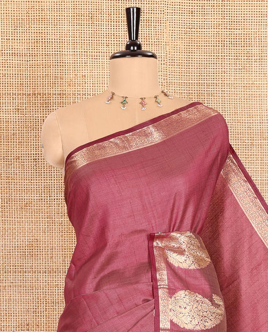 Wine Plain Semi-Tussar Saree Artfully Detailed with a Self Border Featuring Floral and Paisley Zari Weave, Adorned with a Zari-Striped Pallu, Paired with a Matching Zari-Woven Blouse