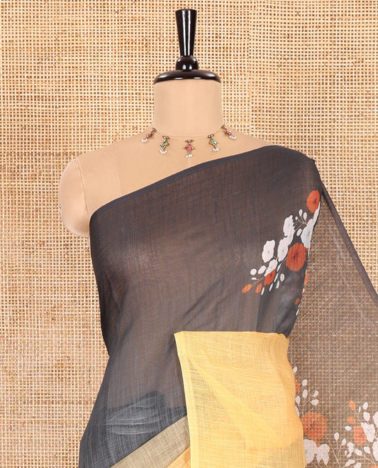 Borderless Yellow Linen Cotton Saree Decked up with Nature-Theme Print Featuring the Sun, Trees, and Birds All Over the Saree, Paired with a Striped Blouse