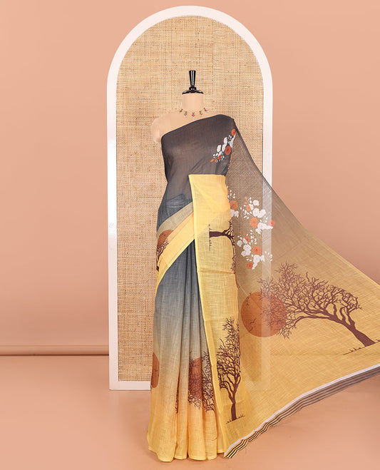Borderless Yellow Linen Cotton Saree Decked up with Nature-Theme Print Featuring the Sun, Trees, and Birds All Over the Saree, Paired with a Striped Blouse