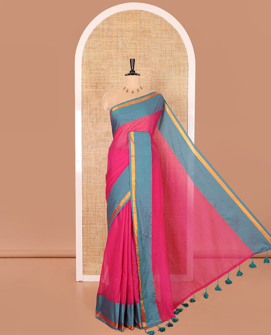 Rani Pink Plain Khadi Mul Cotton Saree Highlighted with a Contrast Piping Border, Plain Pallu, and Paired with a Matching Blouse