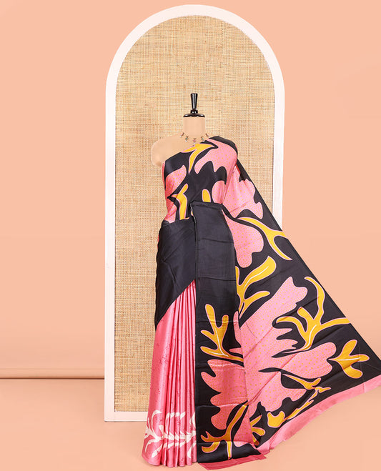 Borderless Black and Pink Gaji Silk Saree Colorfully Sparked with Modern Abstract Art and Batik Print, Complemented with a Matching Batik-Printed Blouse