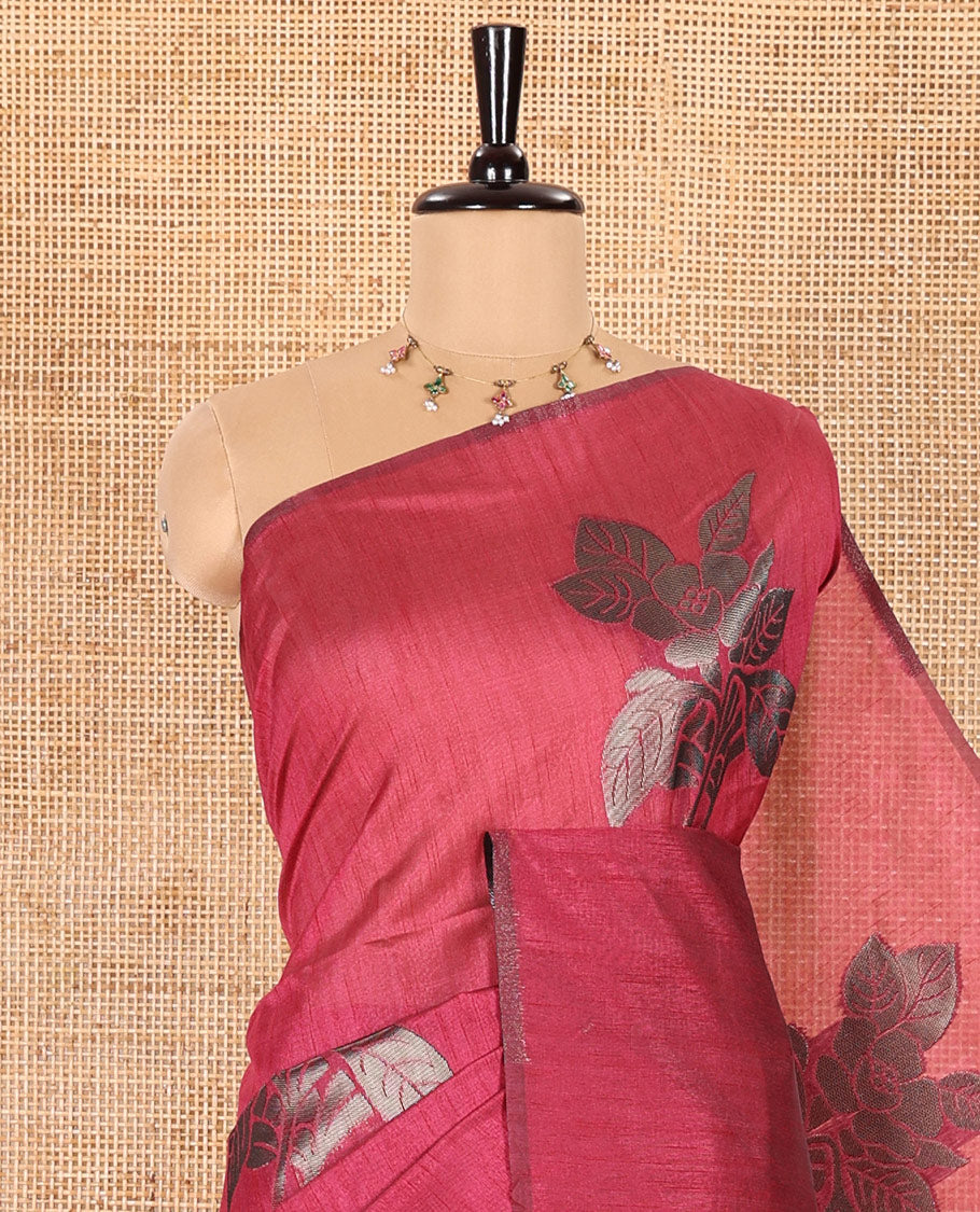 Borderless Pink Kicha Tussar Saree Artfully Woven with Big Zari Floral Motifs All Over Its Body, Complemented by Intricately Zari-Woven Pallu, and a Contrast Blouse