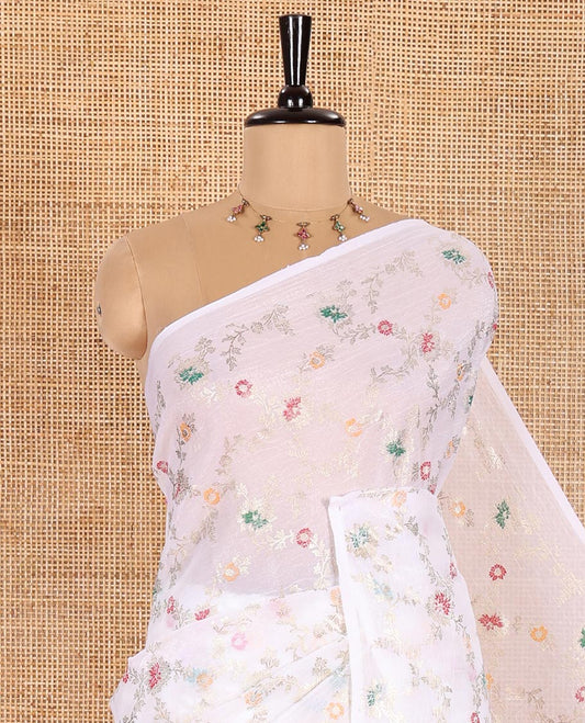 Borderless White Crunchy Crush Saree Enthralled with Meenakari-Style Floral Jaal Foil Prints, Meenakari-Style Floral Jaal Foil Pallu, and Paired with a Contrast Blouse