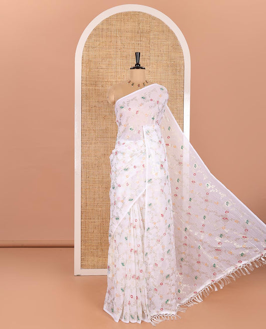 Borderless White Crunchy Crush Saree Enthralled with Meenakari-Style Floral Jaal Foil Prints, Meenakari-Style Floral Jaal Foil Pallu, and Paired with a Contrast Blouse