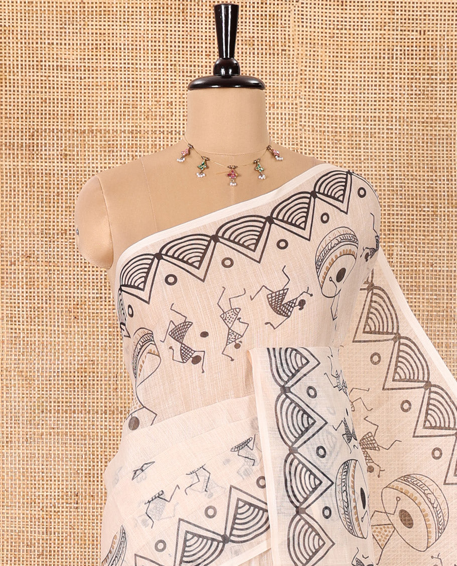 Cream Linen Cotton Saree, Uniquely Printed with Geometric Motifs All Over Its Body, Self-Border Creatively Printed with Warli-Village Theme Print, Pallu Depicts Warli-Village Print, and Paired with a Matching Blouse