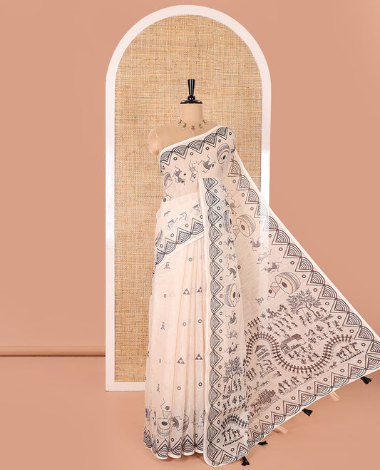 Cream Linen Cotton Saree, Uniquely Printed with Geometric Motifs All Over Its Body, Self-Border Creatively Printed with Warli-Village Theme Print, Pallu Depicts Warli-Village Print, and Paired with a Matching Blouse