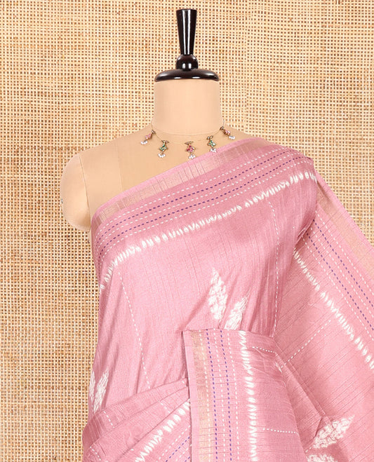 Pale Pink Dola Tussar Saree Beautified with Shibori-Style Leaf Motifs Printed All Over Its Body, Subtly Made Zari Piping Border of Kanta Work, Complemented by Contrast Pallu of Shibori-Style Leaf Print, and Paired with Contrast Blouse