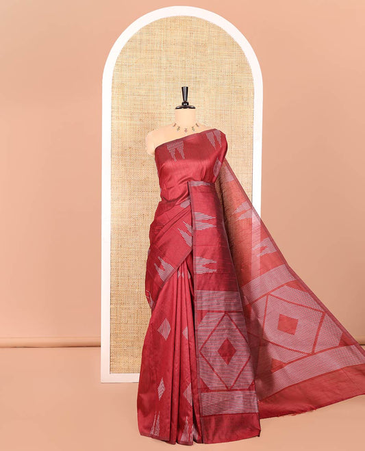 Maroon Semi-Raw Silk Saree Adorned with Diamond-Patterns in Thread on Its Body, Subtly Woven Temple Thread Border, Geometric Patterned Pallu, and Paired with a Matching Blouse