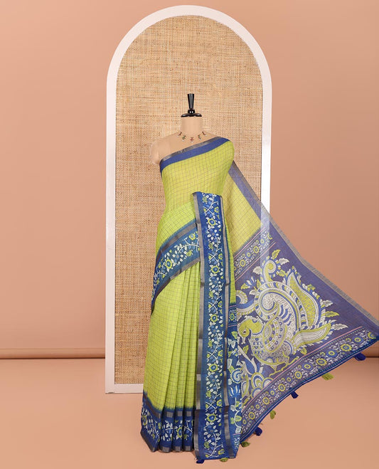 Parrot Green Linen Cotton Saree, Spotlighted with Medium-Size Checks on Its Body, Complemented by a Contrast Kalamkari-Style Floral Printed Border, Pallu of Big Kalamkari Peacock Print, and Paired with a Contrast Floral Printed Blouse