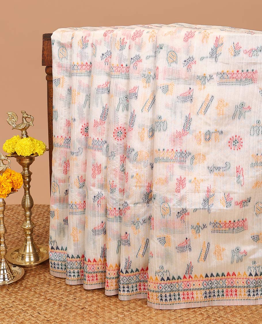 Cream kashmiri work, thread varali thread embroidery banaras jute saree with thread border & kashmiri thread work pallu along with embroidery blouse