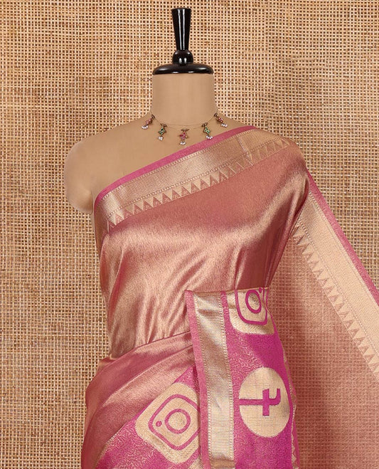 Pink Plain Tissue Saree, Highlighted with a Gleaming Zari Border of Instagram and Facebook Icon Weave, Scintillating Pallu, and Paired with a Contrast Plain Blouse
