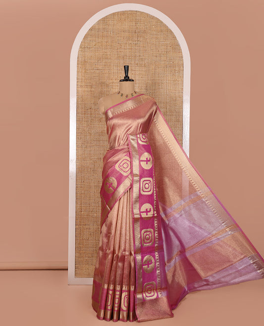 Pink Plain Tissue Saree, Highlighted with a Gleaming Zari Border of Instagram and Facebook Icon Weave, Scintillating Pallu, and Paired with a Contrast Plain Blouse