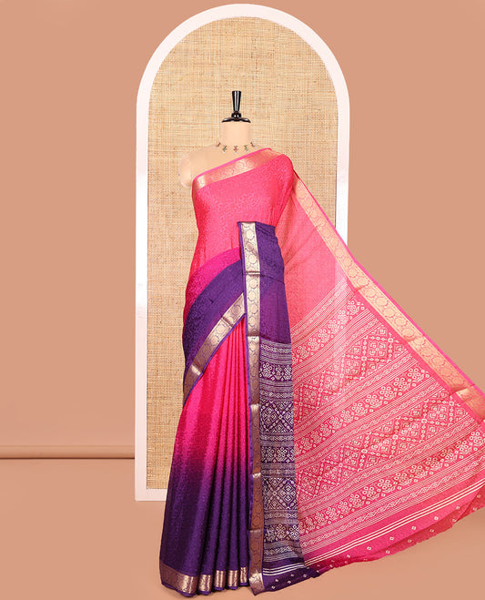 Rani-Violet Art Crepe Saree, Gracefully Decked Up with Tri-Colored Ombre-Style Dyed and Floral Vine Print on Its Body, Highlighted by Zari Floral Creeper Border, Ikkat-Style Printed Pallu, and Paired with a Matching Blouse