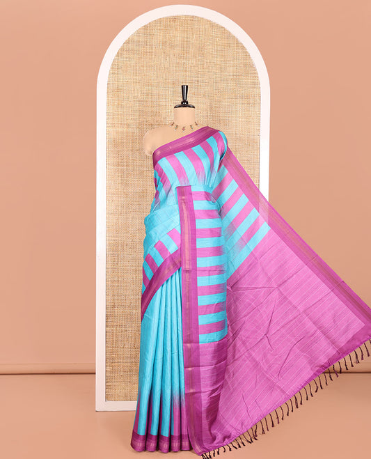 Blue Manipuri Silk Saree, Subtly Woven with Vertical Stripes All Over Its Body, Complemented by Contrast Zari Border, Sparsely Striped Pallu, and Paired with a Contrast Blouse