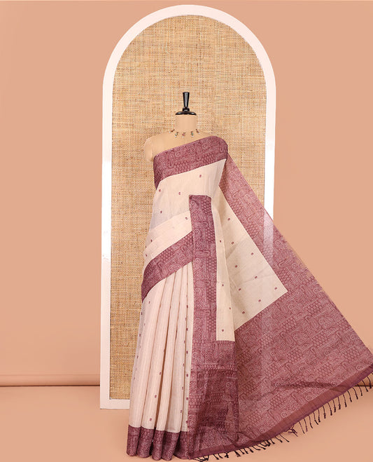 Chikku and Maroon Tissue Linen Saree, Delicately Printed with Floral Motifs on Its Body, Complemented by a Contrast Border of Paisley Designs, Pallu Steeped with Paisley Designs, and Paired with a Contrast Blouse