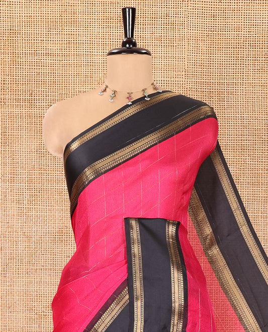 Pink Moss Chiffon Saree, Subtly Sparkled with Checked Design on Its Body, Complemented by a Contrast Rettai Pettu Traditional Zari Border, Striped Pallu, and Paired with a Contrast Blouse