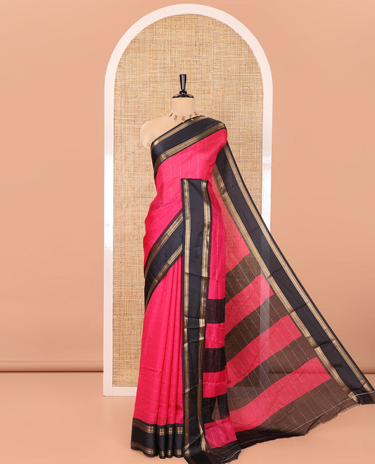 Pink Moss Chiffon Saree, Subtly Sparkled with Checked Design on Its Body, Complemented by a Contrast Rettai Pettu Traditional Zari Border, Striped Pallu, and Paired with a Contrast Blouse