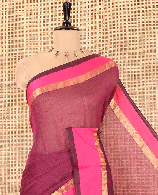 Purple  Plain Khadi Mul Cotton Saree, Complemented by a Contrast Pink Zari Border, Plain Pallu, and Paired with a Matching Blouse