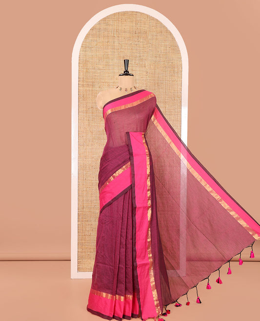 Purple  Plain Khadi Mul Cotton Saree, Complemented by a Contrast Pink Zari Border, Plain Pallu, and Paired with a Matching Blouse
