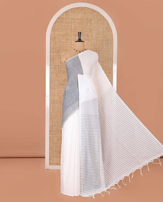 Borderless White and Grey Plain Khadi Mul Cotton Saree, Self-Pallu Steeped with Stripes, and Paired with a Plain Blouse