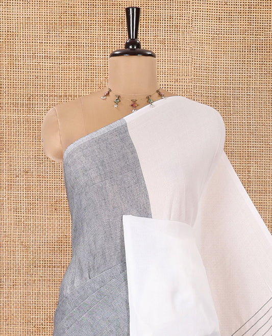 Borderless White and Grey Plain Khadi Mul Cotton Saree, Self-Pallu Steeped with Stripes, and Paired with a Plain Blouse