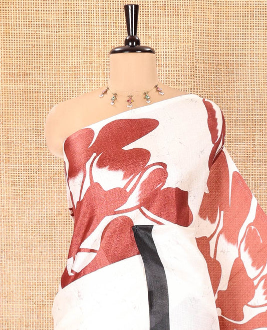 Cream and Brown Art Khadi Cotton Saree, Adorned With Half-and-Half-style Floral Print On Its Body, Highlighted by Contrast Piping Border, Self-Pallu and Paired with a Contrast Blouse