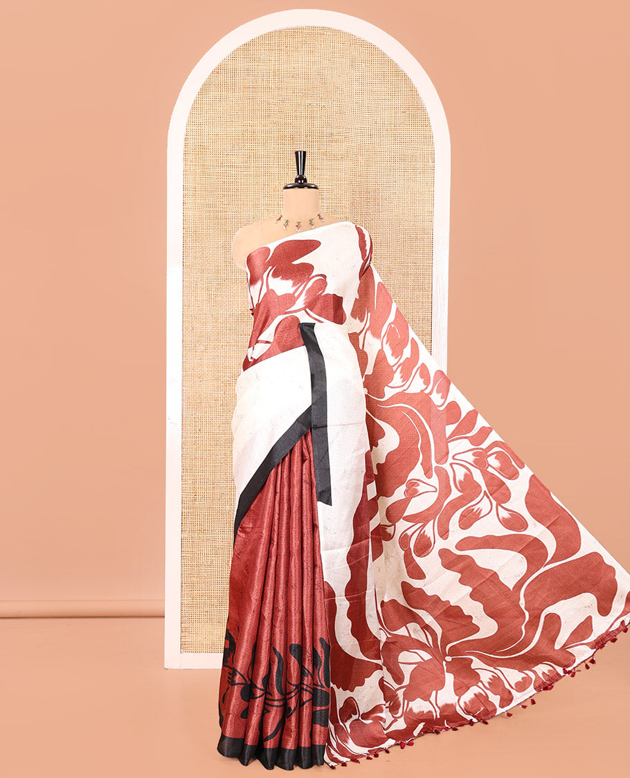 Cream and Brown Art Khadi Cotton Saree, Adorned With Half-and-Half-style Floral Print On Its Body, Highlighted by Contrast Piping Border, Self-Pallu and Paired with a Contrast Blouse