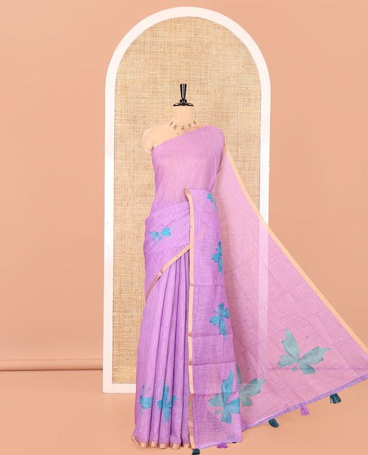 Lavender Linen Cotton Saree, Featuring Butterfly Buttas All Over Its Body, Subtle Piping Border, Pallu of Butterfly Print, and Paired with a Contrast Fairy Motifs Printed Blouse
