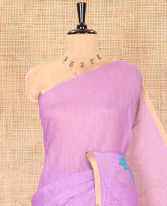 Lavender Linen Cotton Saree, Featuring Butterfly Buttas All Over Its Body, Subtle Piping Border, Pallu of Butterfly Print, and Paired with a Contrast Fairy Motifs Printed Blouse