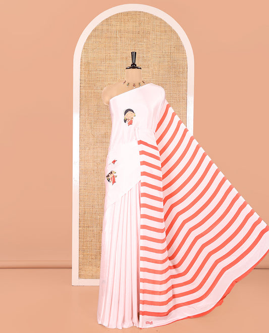 Borderless Peach South Indian Cotton Saree, Artfully Printed with Classy Women Motifs Printed On Its Body, Self-Subtly Striped Pallu, and Paired with a Contrast Blouse