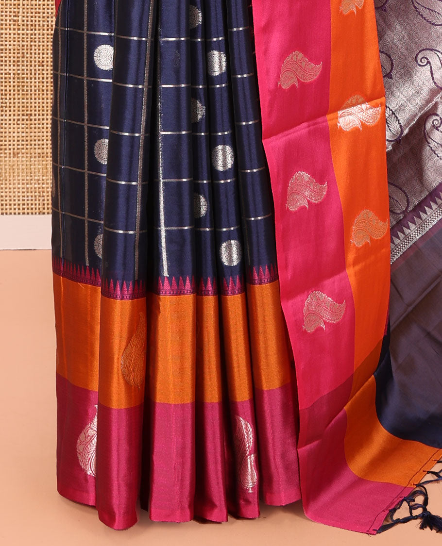 Blue Warm Silk Saree, Gracefully Embellished with Zari Buttas Enclosed Checks on Its Body, Complemented by a Contrast Border of Unique Designs, Pallu of Paisleys, and Paired with a Matching Blouse